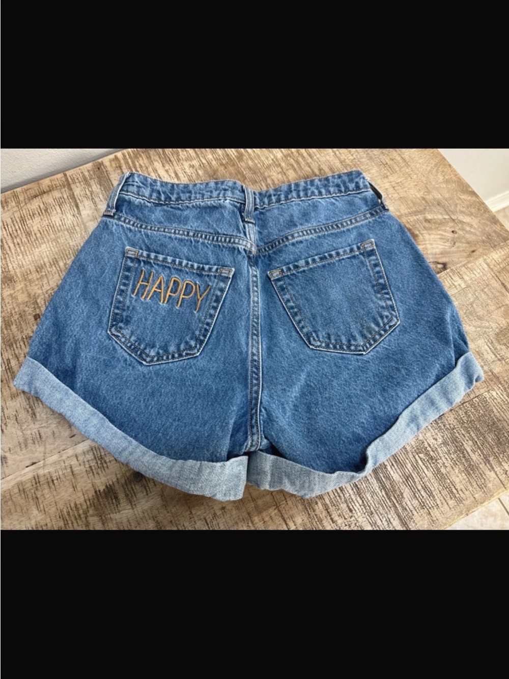 wild fable Blue Denim High-Waist Shorts with 'HAPPY' Embroidery